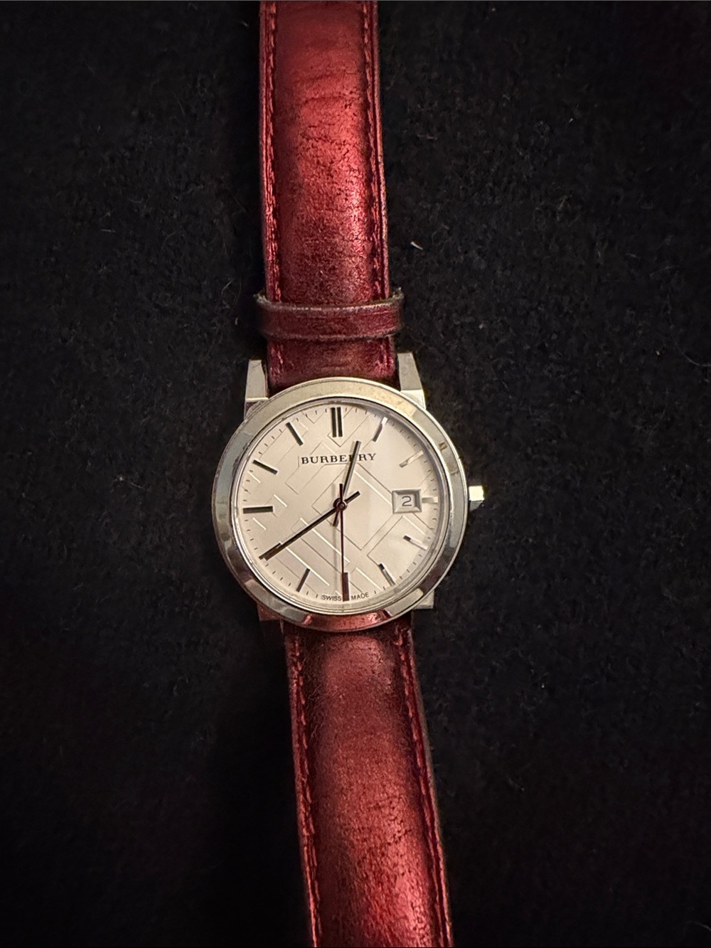Burberry Silver Dial Watch with Red Leather Strap